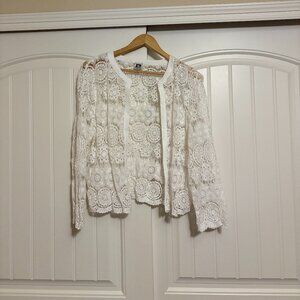 Anne Klein Lace Cardigan XL Xtra Large White Long Sleeve Cropped CottageCore